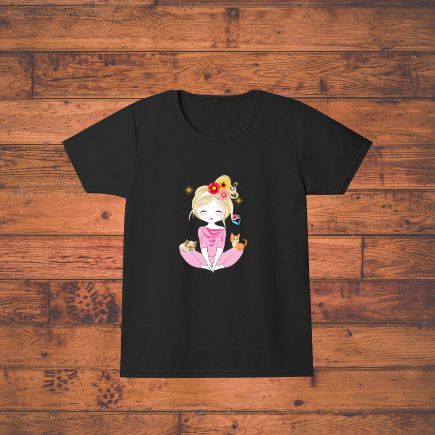 Paws & Peace Tee – Blissful Girl with Kittens Neck T-Shirt